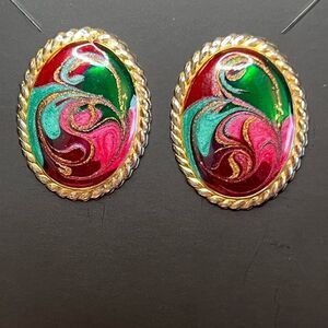 Hand Crafted Gold Tone and Epoxy Paint Swirl Design Oval Pierced Earrings